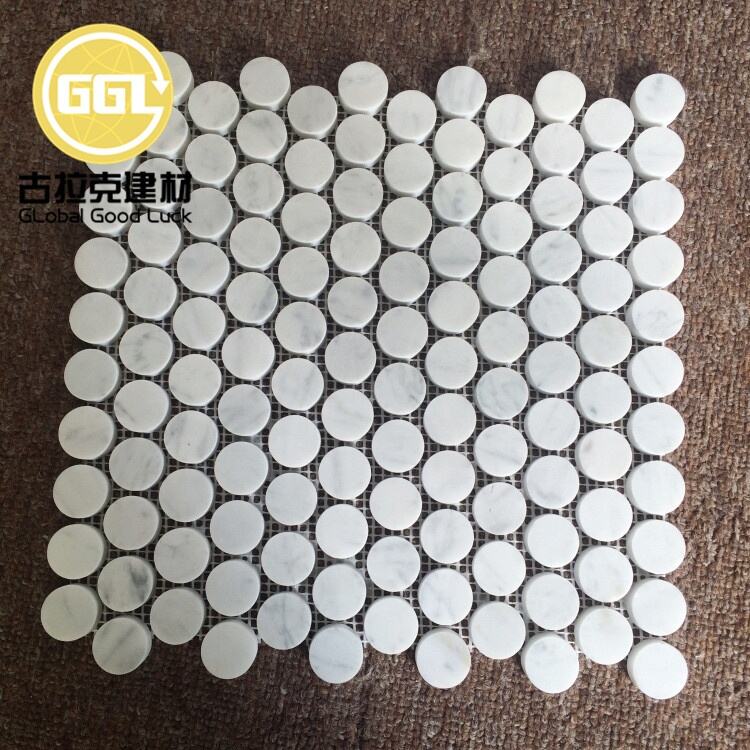 Carrara White Mini Penny Round Shape Marble Mosaic Tile For Bathroom Wall