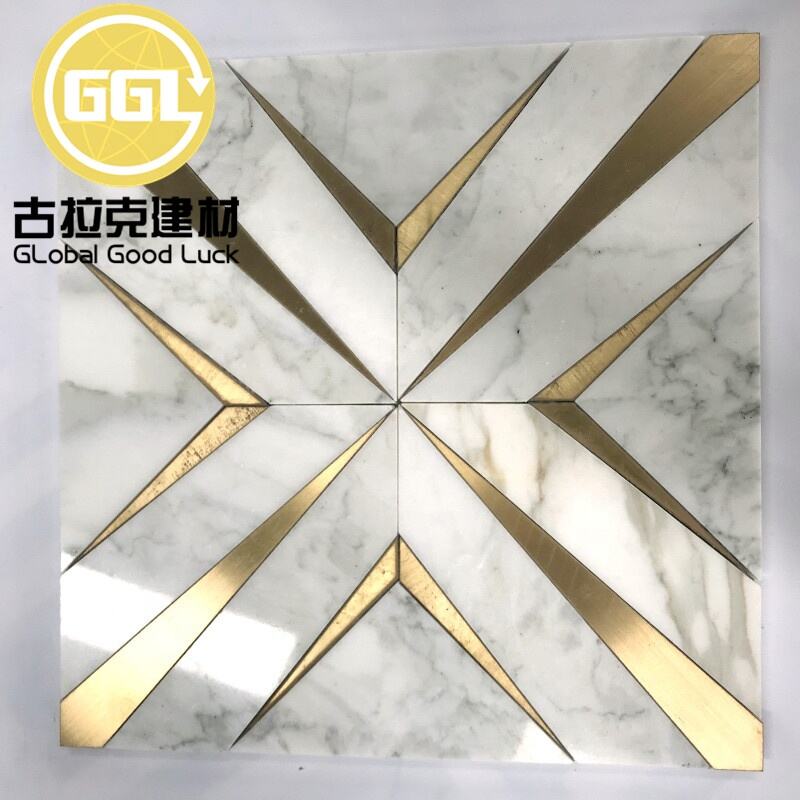 Calacatta Gold Marble Waterjet Pattern Mosaic Tile Inlay Brass