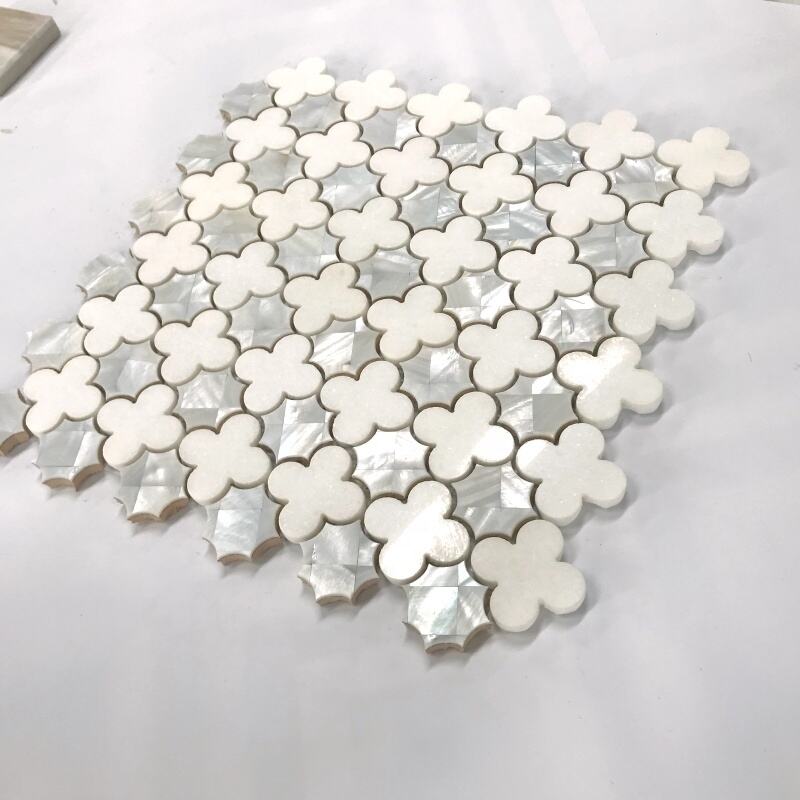 Marmer Putih Thassos Asli dengan Pola Bunga Kerang Inlay Waterjet Mosaic Tile