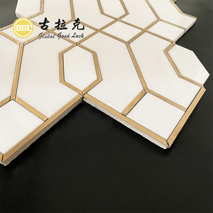 New Design Thassos White Marble with Brass Edge Stone Mosaic Tiles for Bathroom Decor