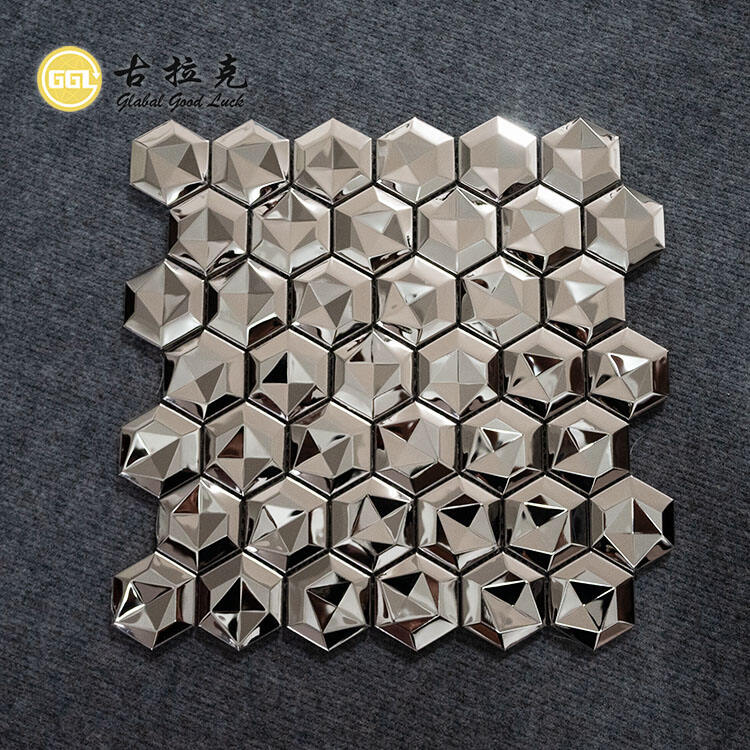 Glossy Surface Hexagonal Metal Mosaic 3D Effect Stainless Steel Decorative Wall Tiles