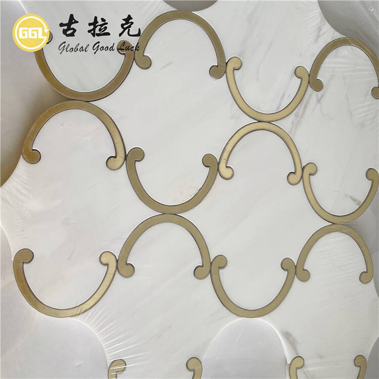 Dolomite White Marble Inlay Brass Waterjet Mosaic Tile