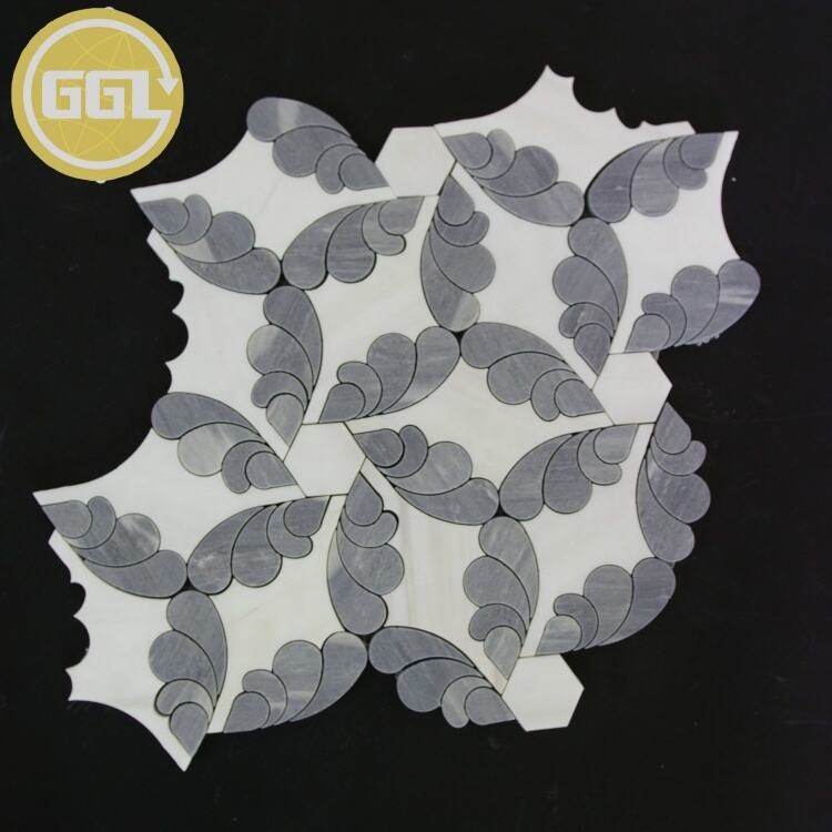 Unique Shape White Mix Grey Marble Pattern Waterjet Mosaic For Wall And Flooring Tiles