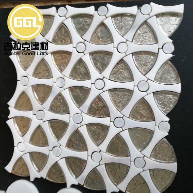 Unique Design Gold Foils Glass Marble Waterjet Mosaic Unique Design Gold Foils Glass Marble Waterjet Mosaic Tile