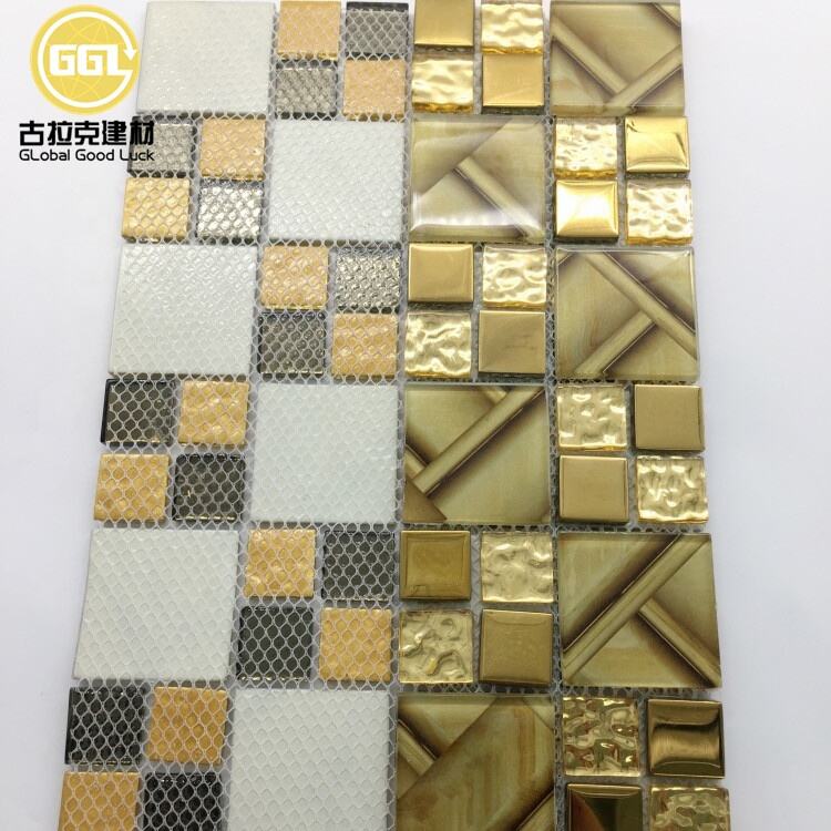 Gold Color Crystal Glass Blend Metal Glossy Mosaic Tile For Wall Decor