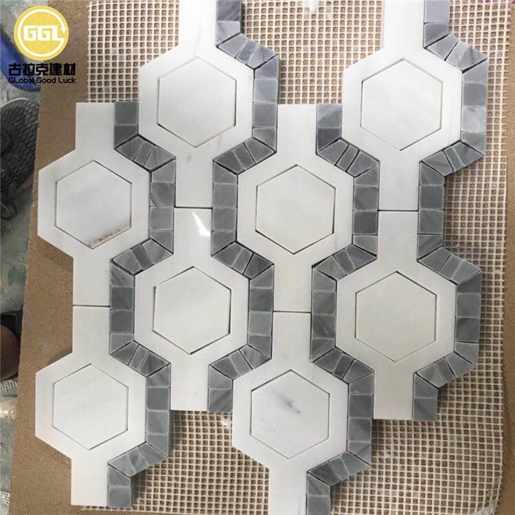 Polished White Mix Blue Marble Irregular Hexagon Parquet Feature Marble Mosaic Tile