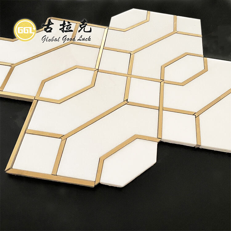 New Design Thassos White Marble with Brass Edge Stone Mosaic Tiles for Bathroom Decor