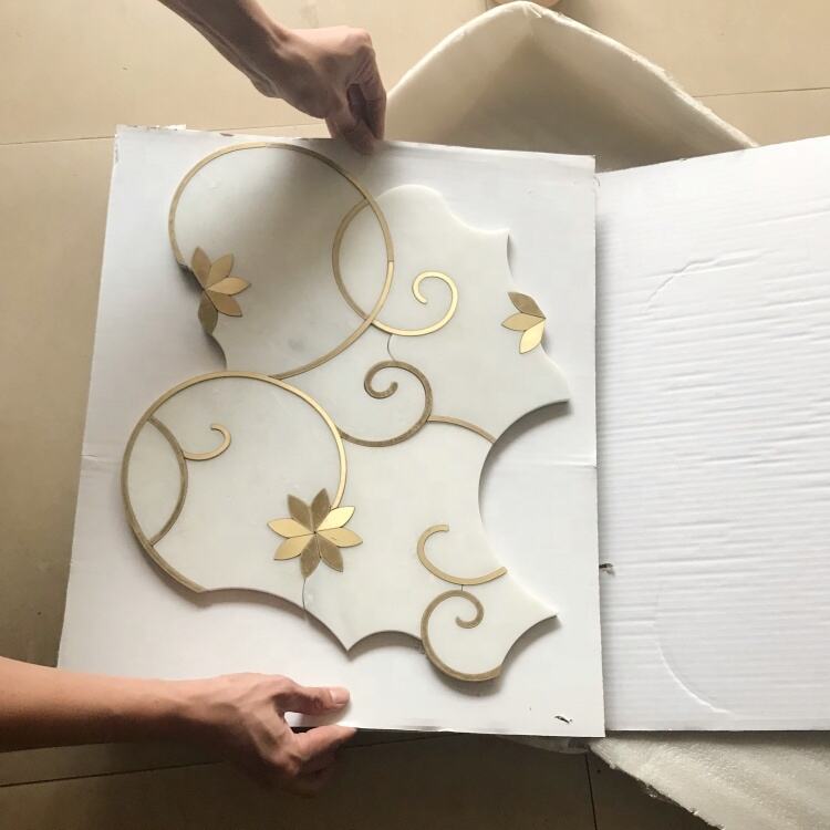  White Mable Mix Brass Waterjet Flower Pattern Mosaic For Bathroom and Kitchen Wall Tile 