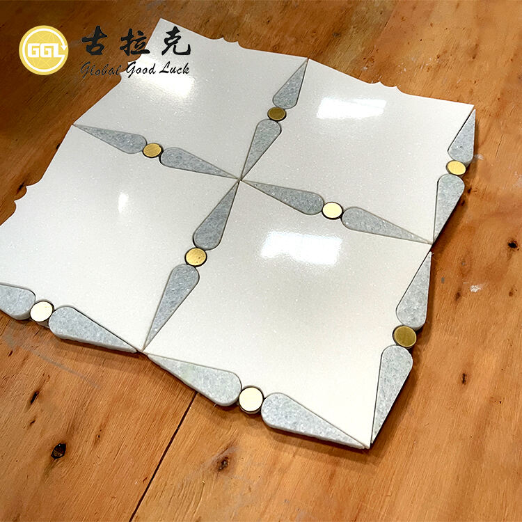 Mix Shape Marble With Brass Dots Waterjet Mosaic Tile