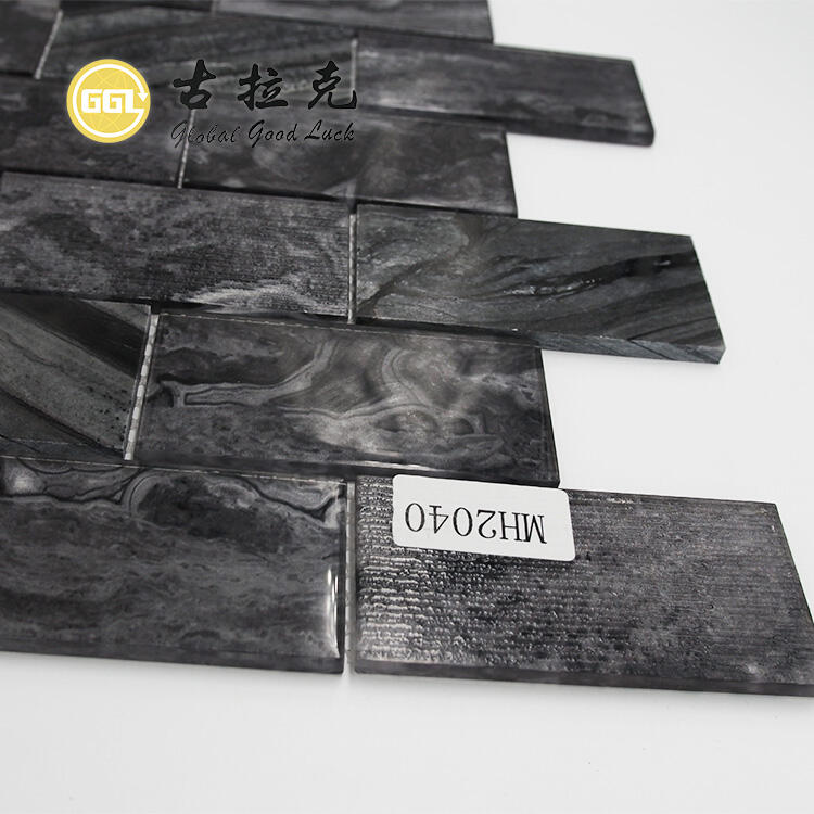 Black Glass Mix Marble Black Strip Shape Mosaic For Wall Tile