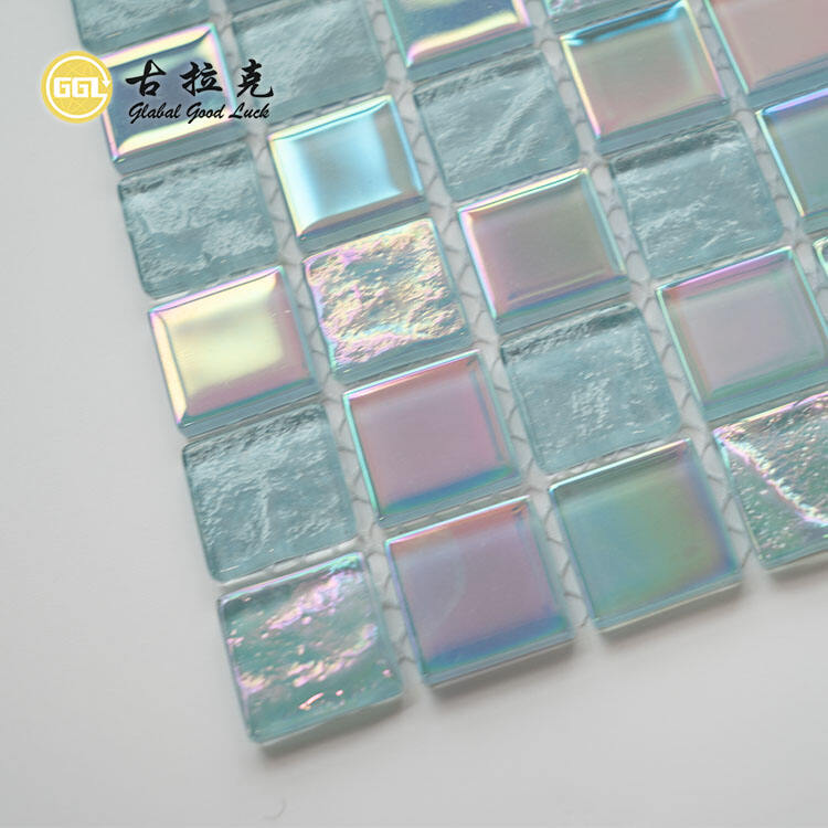 Light Blue Glass Mosaic Tile Iridescent Shine Tile for Swimming Pool Decor