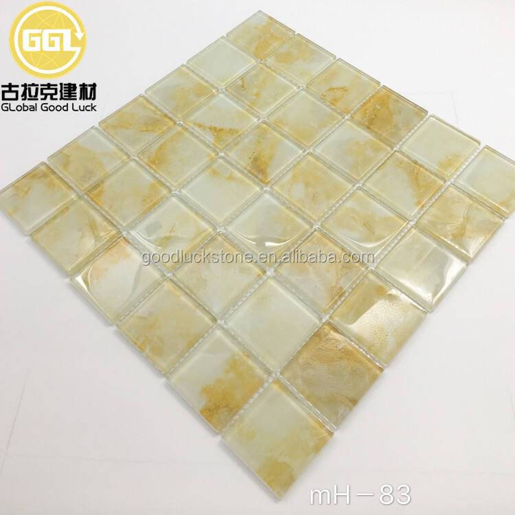 Gold Color Crystal Glass Square Shape Mosaic Tile For Bathroom Wall Decor