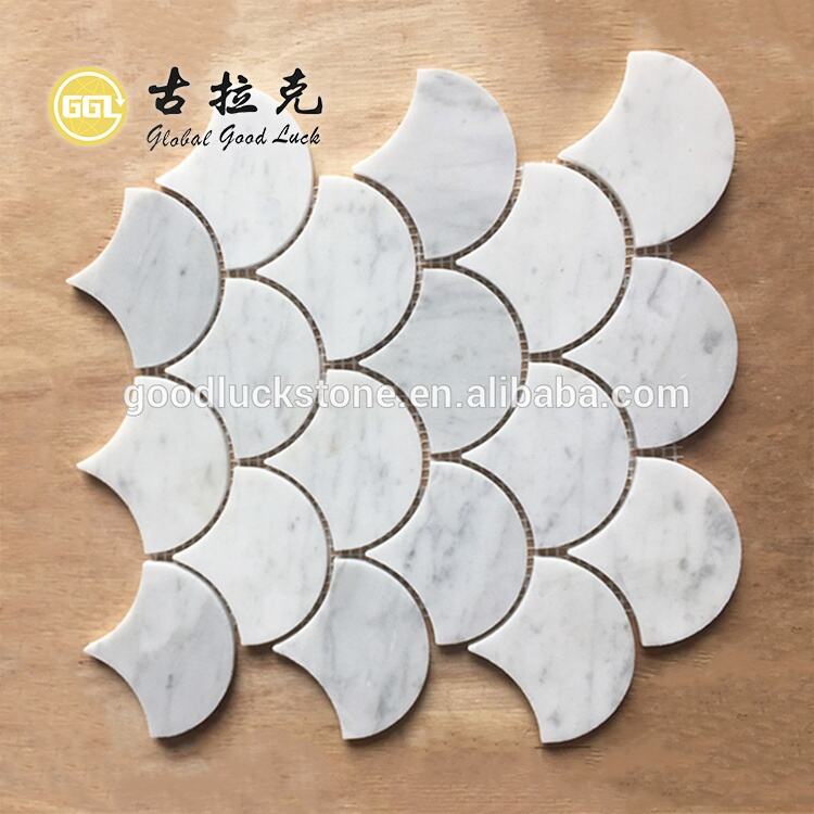  Polished Fan-Shaped Carrara White Marble Mosaic Tile 