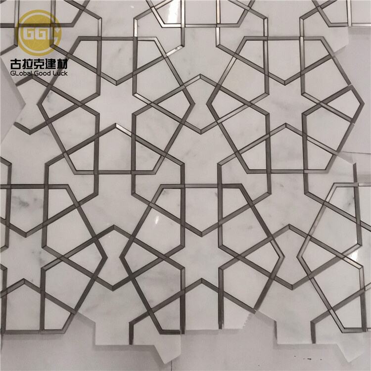 Stainless Steel Inlay Hexagon Mosaic Tile Marble Waterjet Tile for Home Decor