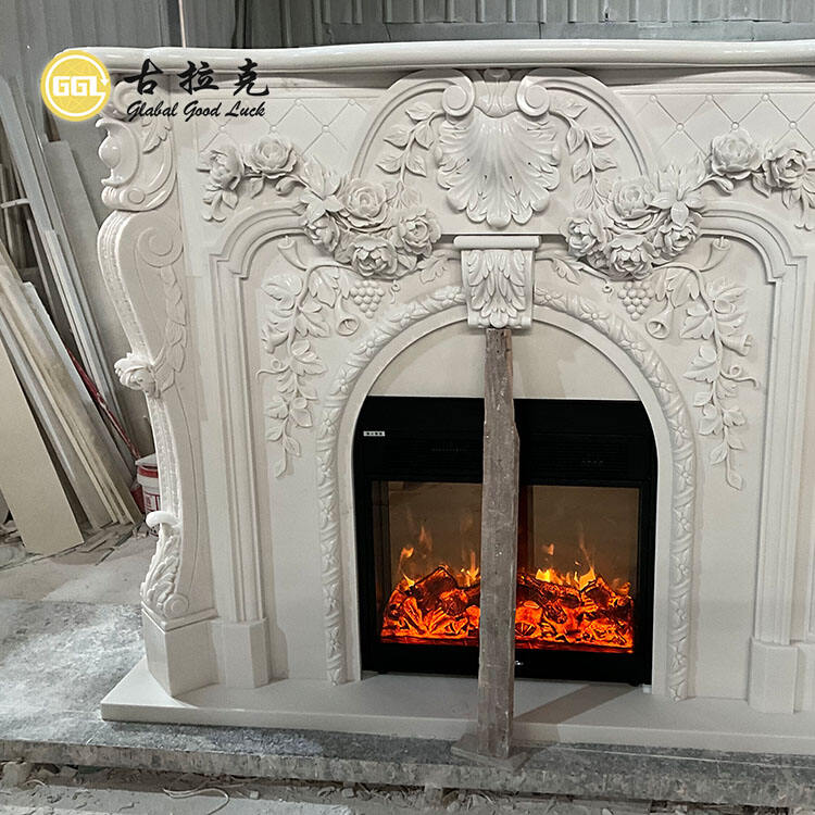 French Style Freestanding Ethanol Fireplace Mantles Popular Design Hand Carved Natural White Marble