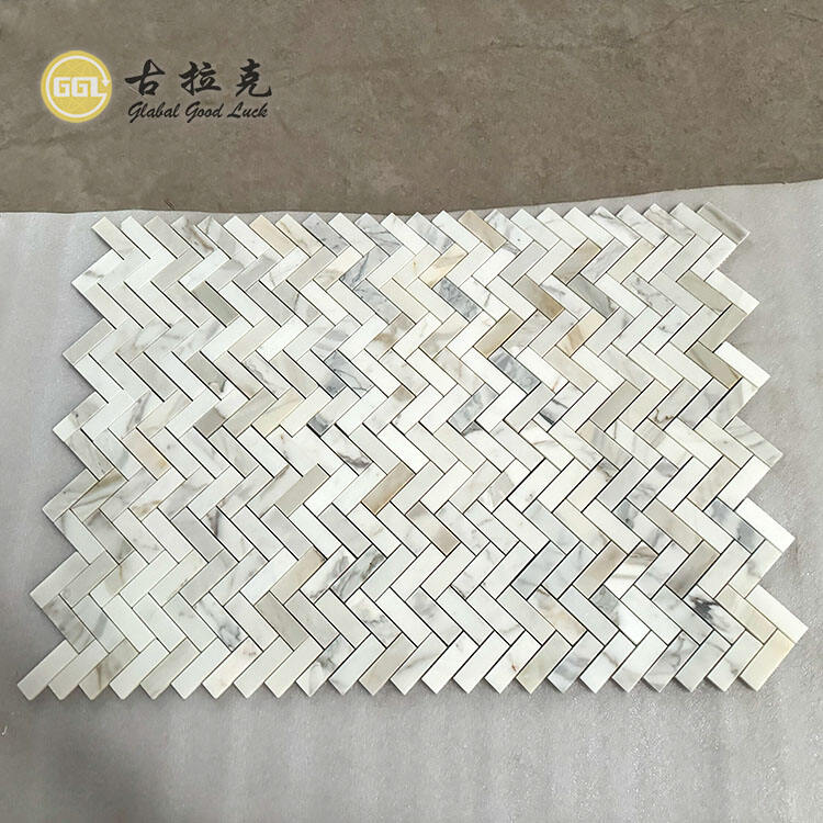 High Quality Herringbone Stone Calacatta Gold Marble Mosaic Tile