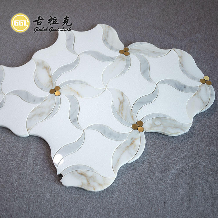 Flower Shape Marble Mosaic Inlay With Brass Dot Waterjet Mosaic Tile