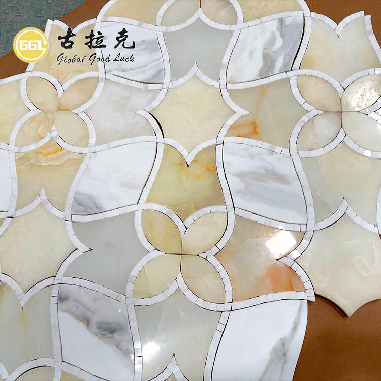 Lily Flower Design Mosaic Calacatta Gold with Onyx Marble Mosaic Tile Interior Decor