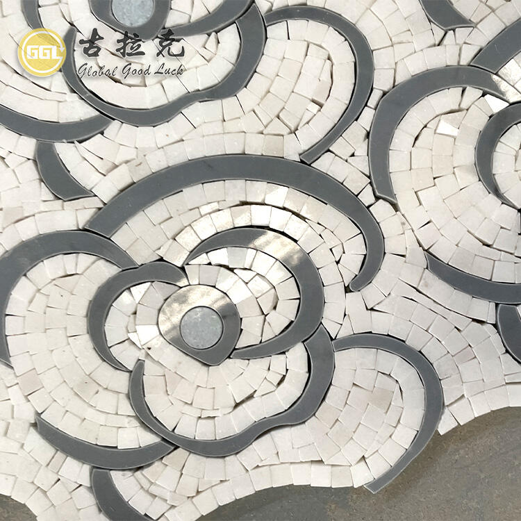 Rose Design Marble Tile Waterjet Cut Mosaic Interior Floor or Wall Tile