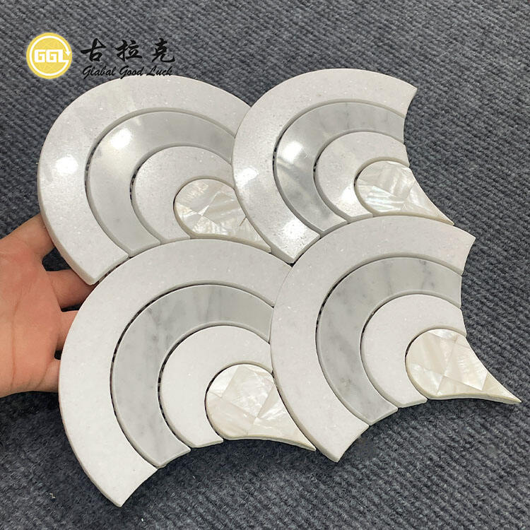 Marble Inlay With Shell Fan Shape Waterjet  Mosaic For Floor and Wall Tiles