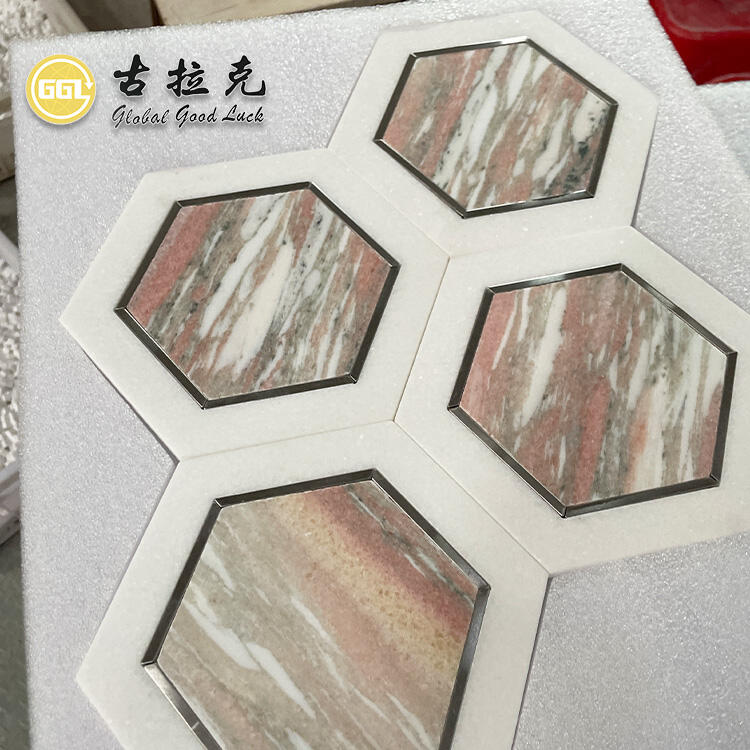 Rosso Norvegina Marble Mix Metal Hexagon Mosaic Tile Waterjet Cut for Floor Decor