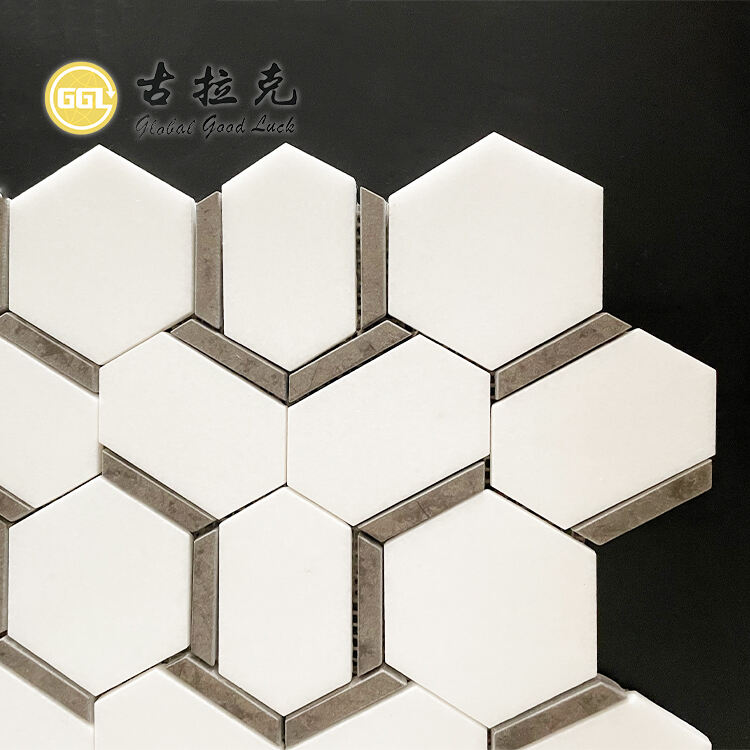 White Hexagon Marble Mosaic Tile with Brown Edge Stone Tile for Home Decor