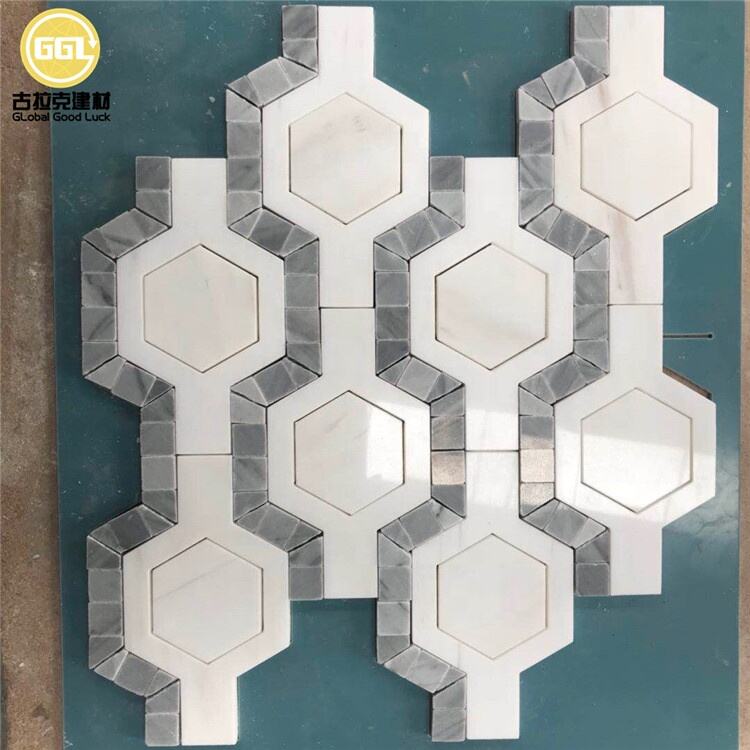 Polished White Mix Blue Marble Irregular Hexagon Parquet Feature Marble Mosaic Tile