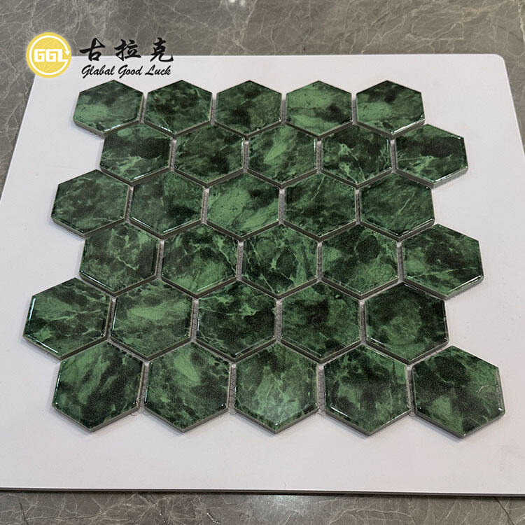 Hexagon Shape Ceramic Mosaic Tiles Dark Green Tile