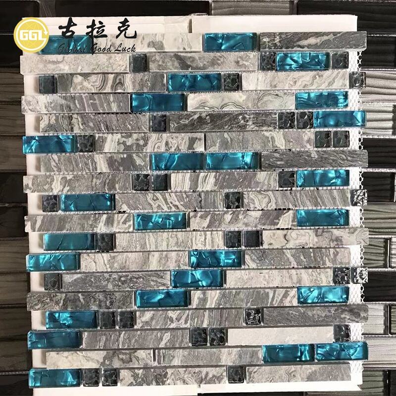 Strip Marble Mix Crystal Glass Mosaic Wall Kitchen Backsplash Bathroom Mosaic Tile