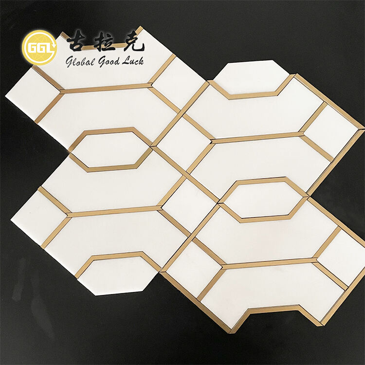 New Design Thassos White Marble with Brass Edge Stone Mosaic Tiles for Bathroom Decor