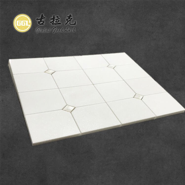 Square Thassos White Tile Shell Inlay Waterjet Mosaic Wall Tile for Bathroom Wall