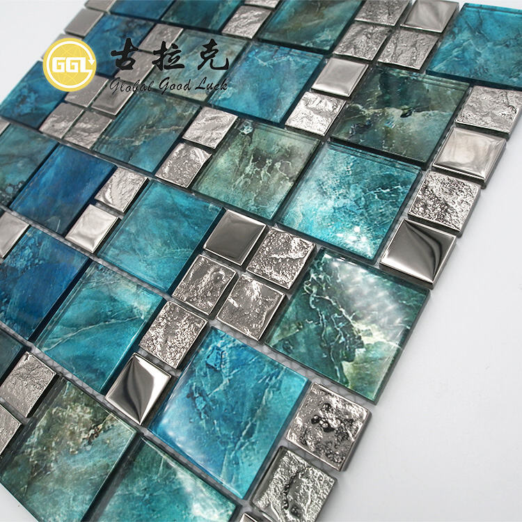Crystal Glass Blend Stainless Steel Glossy Square Glass Mosaic Tile ...