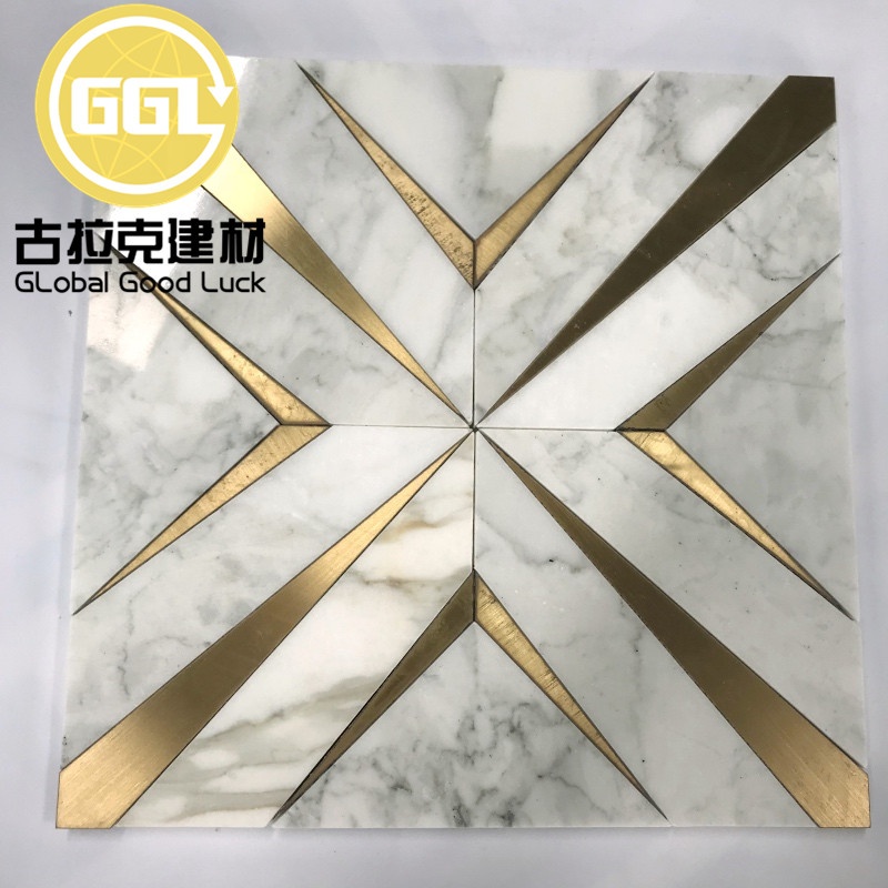 Calacatta Gold Marble Waterjet Pattern Mosaic Tile Inlay Brass