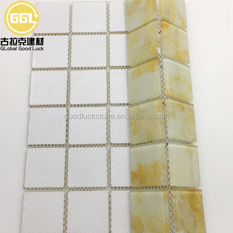 Gold Color Crystal Glass Square Shape Mosaic Tile For Bathroom Wall Decor