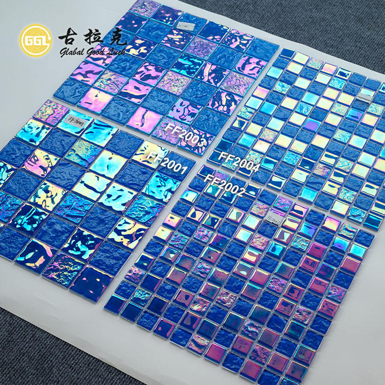 Blue Glass Mosaic Tile Iridescent Rainbow Swimming Pool Tile Decor
