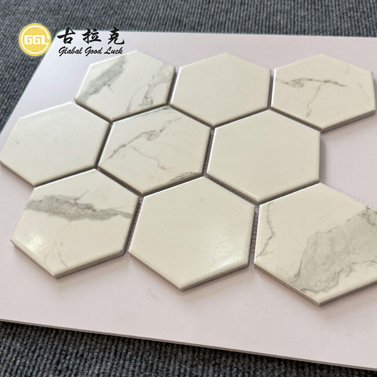 White Marble Texture Hexagon Ceramic Mosaic Tiles 