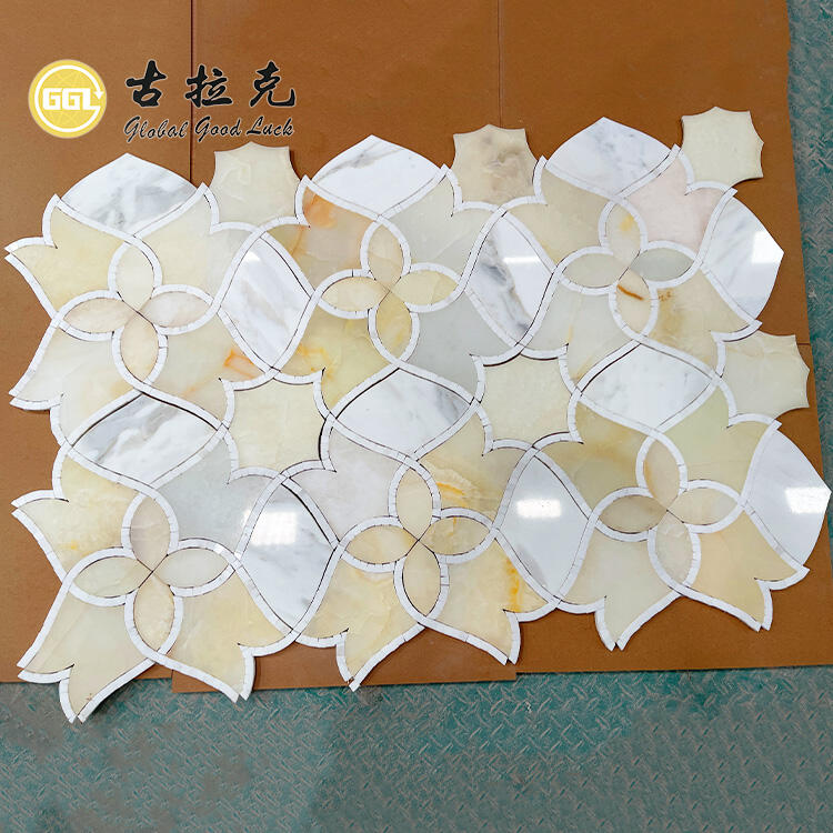 Lily Flower Design Mosaic Calacatta Gold with Onyx Marble Mosaic Tile Interior Decor