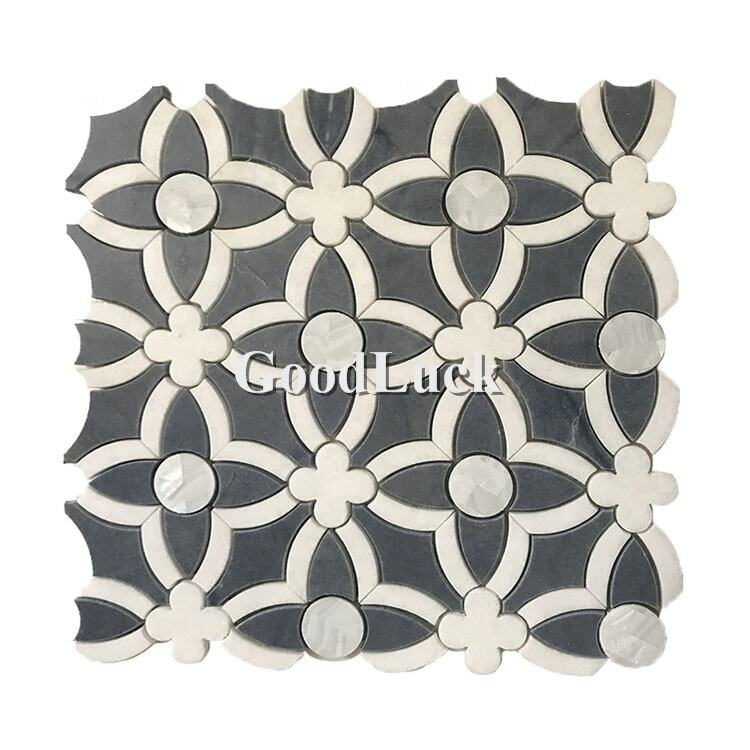 Blue Mix White Marble Parquet Feature Inlay Shell Waterjet Mosaic Kitchen Bathroom Tile