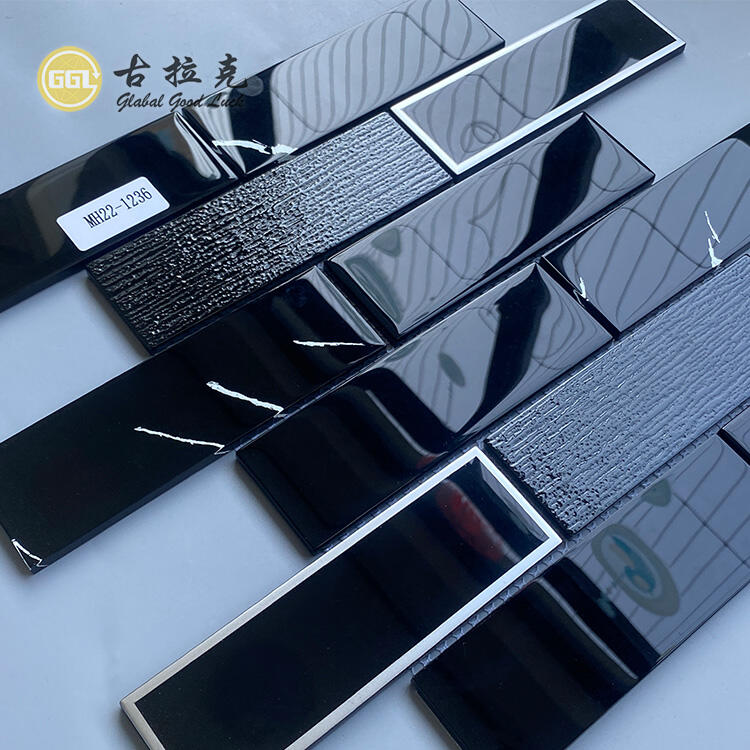 Pure Black Glass Mix Sliver&Gold Edged Glass Mosaic Tile For Wall