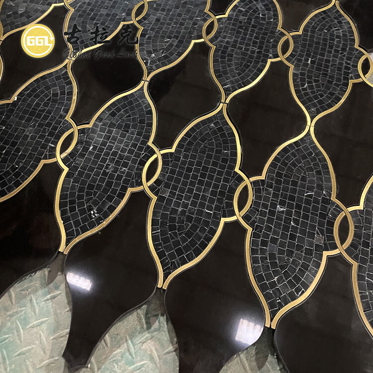 Polished Black Marble Waterjet Mosaic Inlay Brass For Wall Tile