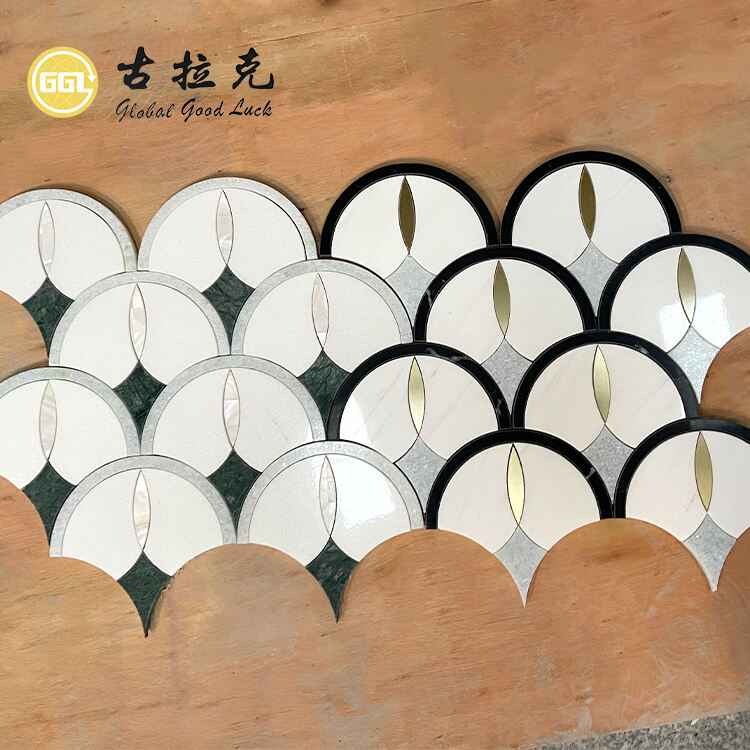 Fan Shape Pattern Marble Waterjet Mosaic Tile Inlay Brass For Wall Floor Decor