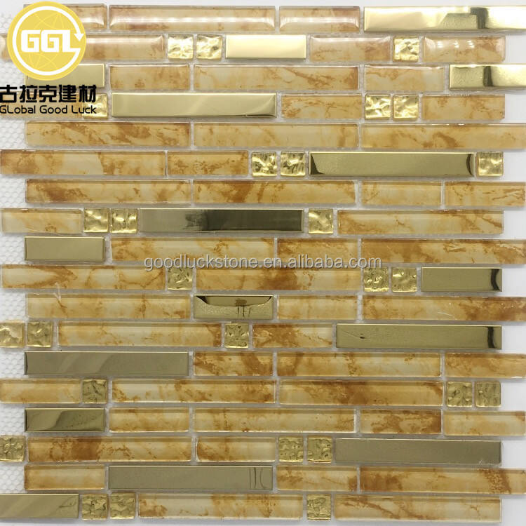 Gold Color Long Strip Shape Laminate Glass Mixed Metal Backsplash Wall Decoration Tiles Glass Mosaic