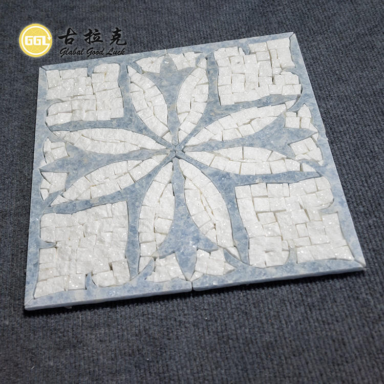 Hand-made Flower Waterjet Marble Thassos White Mix Blue Mosaic Tile