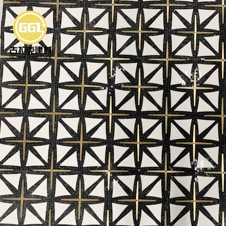 Natural White Marble Mix Black Inlay Brass Waterjet Mosaic Tile 