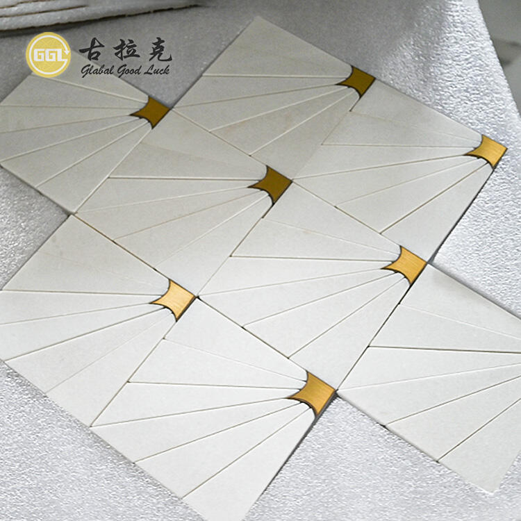 Square Thassos White Marble Mix Brass Mosaic Wall Tile