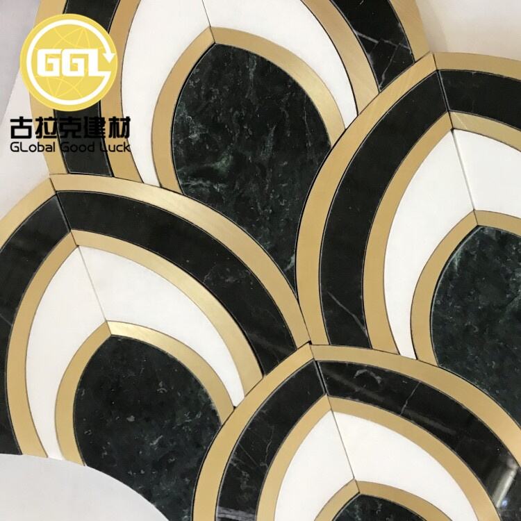 Fish Scale Fan Shape Marble Polished Waterjet Mosaic Inlay Brass Mosaic Tile