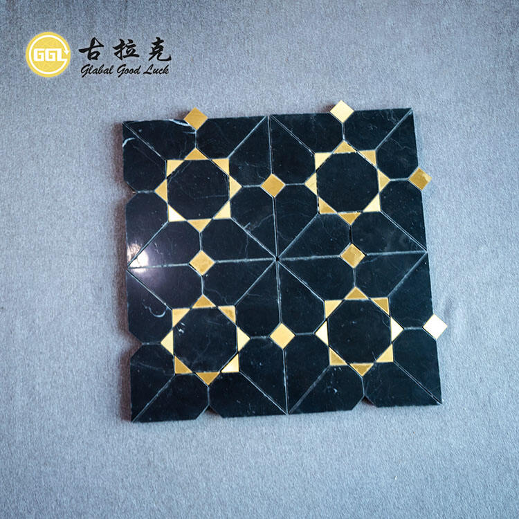 Waterjet Black Marble Tile Mix Brass Mosaic Tile for Interior Floor Wall Decoration