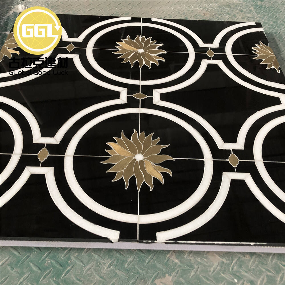 Black Marble Mosaic Tile Gold Sunflower Pattern Brass Inlay Mosaics for Wall Floor Tile