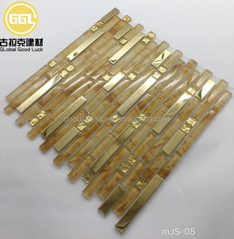 Gold Color Long Strip Shape Laminate Glass Mixed Metal Backsplash Wall Decoration Tiles Glass Mosaic