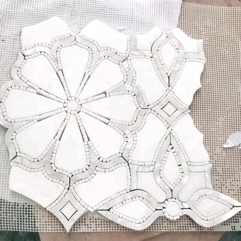 Unique Art Design Tile Waterjet Marble White Shell Inlay Tile Flower Pattern Mosaic for Wall Decor